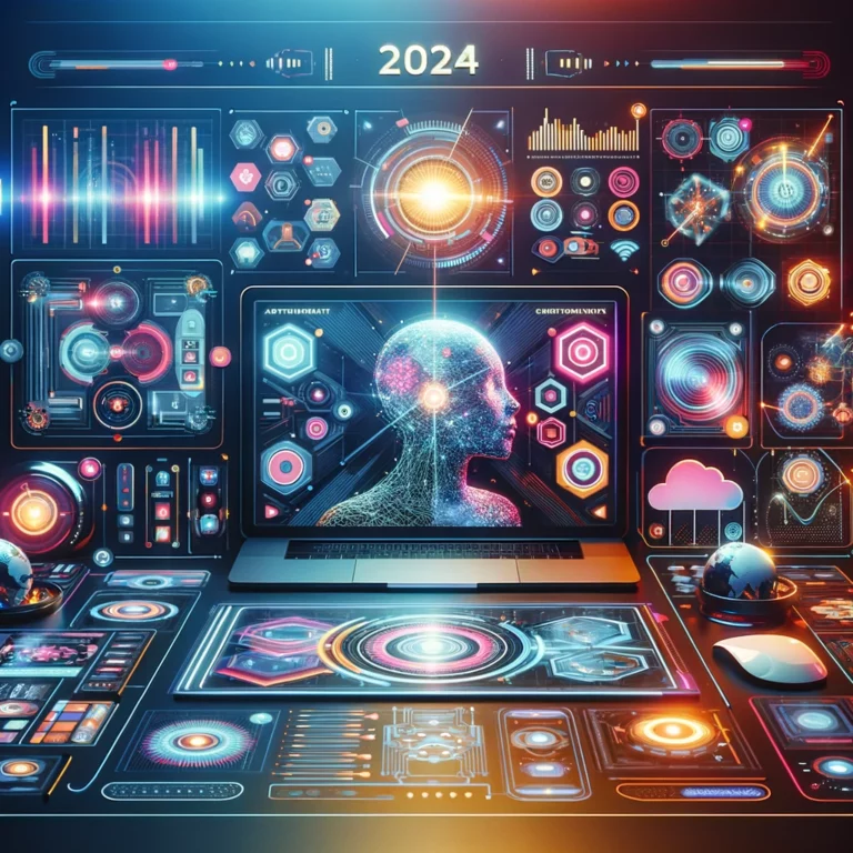 Futurystyczny interfejs strony internetowej na 2024 rok z integracją sztucznej inteligencji, interaktywnymi elementami i nowoczesnymi rozwiązaniami graficznymi, prezentujący zaawansowane techniki interakcji użytkownika i estetykę funkcjonalności.